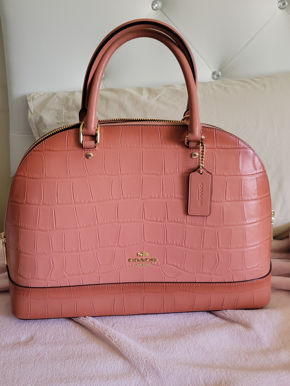 Coach Pink Croc-Embossed Leather Dome Satchel